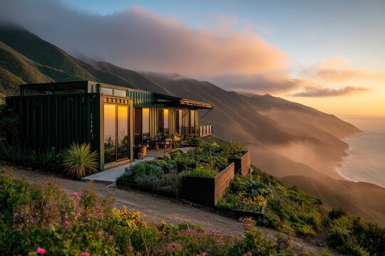 Modern dwelling perched on cliffside overlooking ocean at sunset
