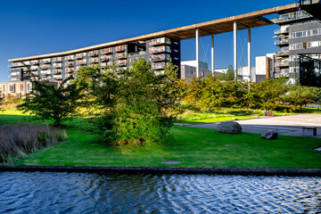 Fototapeta premium Modern student dormitories with balconies in Amagerbro district, Copenhagen, Denmark.