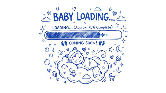 Blue Baby Loading Doodle Line Illustration on Transparent Background for Pregnancy Announcement Design