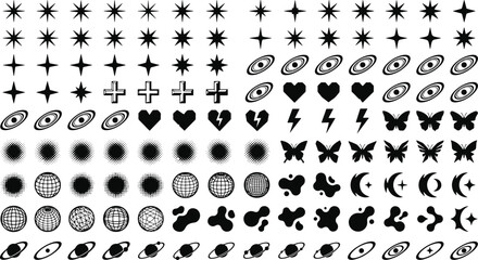 Y2K aesthetic design elements collection with brutalist shapes chrome stars cyber aura gradients and trendy abstract shapes vector illustration © Abul