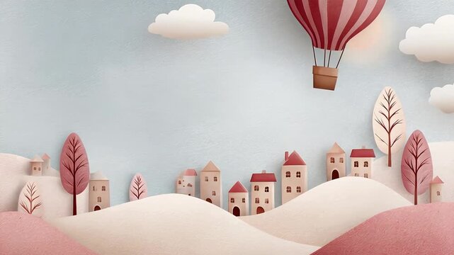 Dreamy hot air balloon floating over whimsical pastel village with soft clouds
