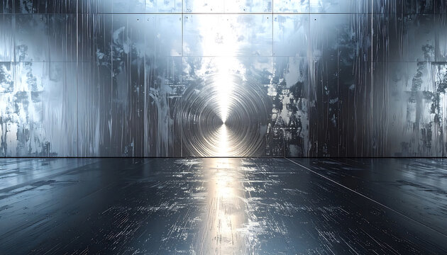 Infinite futuristic tunnel with digital matrix pattern and bright light at the end, abstract sci-fi background