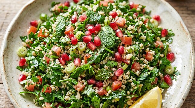 Authentic Lebanese tabbouleh close-up in rustic bright studio light