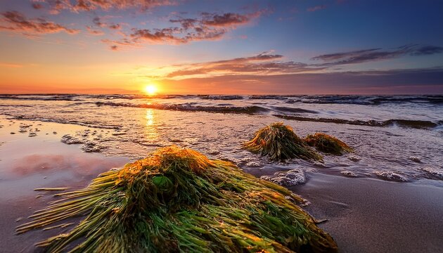 Angespulte Algen Am Ostseestrand Bei Sonnenuntergang