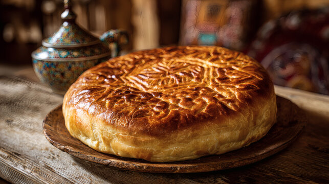 Traditional Armenian gata sweet bread with decorative patterns on wooden plate in rustic kitchen setting with vintage ceramic teapot and warm natural lighting