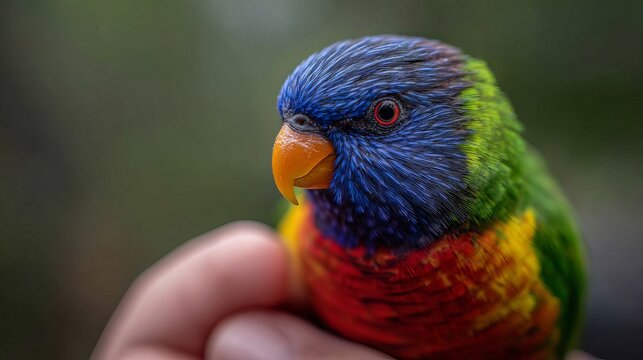 A vibrant rainbow lorikeet perched on a person's hand in a natural setting