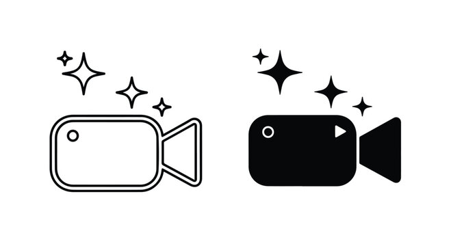 Simple black and white icon of a video camera with sparkling stars, representing video recording or filming