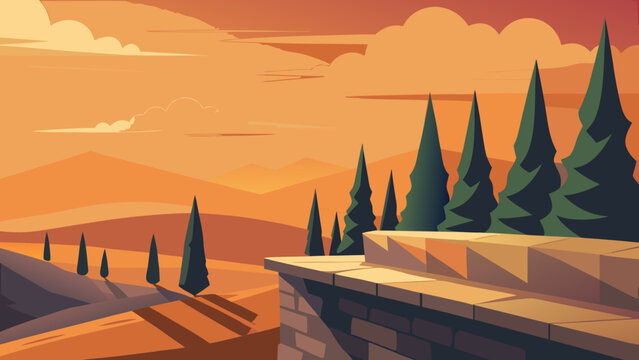 Stylized vector landscape illustration of a sunset view from a stone balcony with evergreen trees and distant hills landscape illustration evergreen environment peaceful background creative