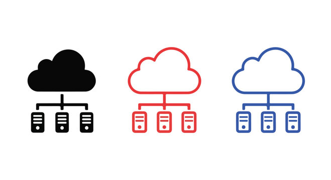 Set of three cloud icons in black red and blue with data server symbols for digital cloud storage and technology