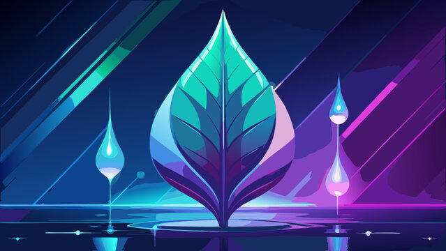 Abstract glowing botanical leaf illustration with neon drops botanical abstract gradient environment fluorescent artistic illustration ethereal sustainability wallpaper background backdrop