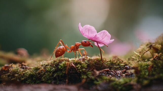 Two ants working together to carry a pink flower petal on a mossy surface in a natural outdoor setting