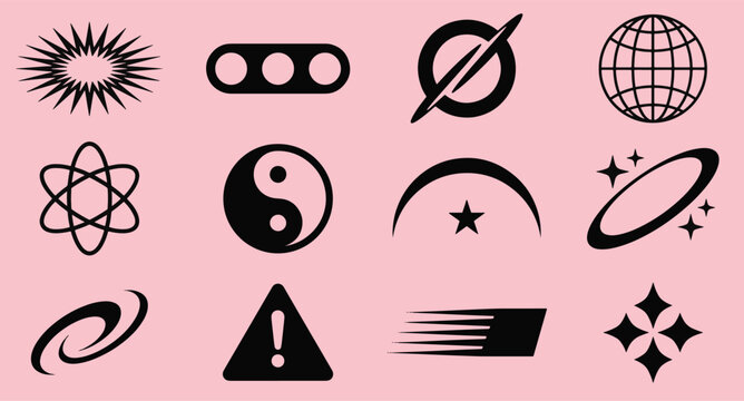 Y2K aesthetic vector shapes and futuristic retro design elements including brutalist stars planets tech wireframe grids and cyber icons vector illustration