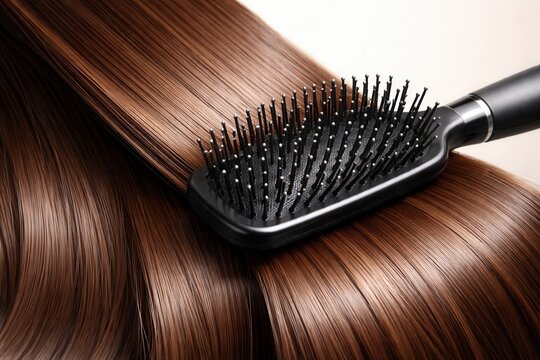 Smooth brown hair brushing with black paddle brush close up shine care beauty routine healthy look