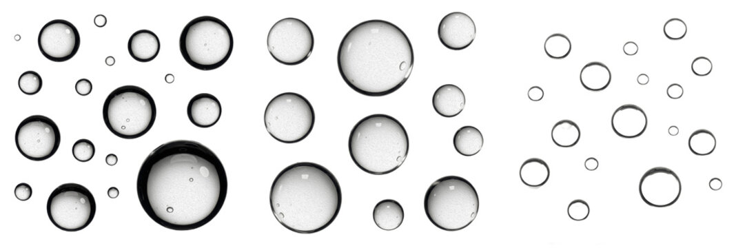 Water drops set isolated on white background, collection of clear liquid bubbles, realistic moisture condensation, transparent dew droplets, refreshing splash texture, pure surface pattern, macro phot