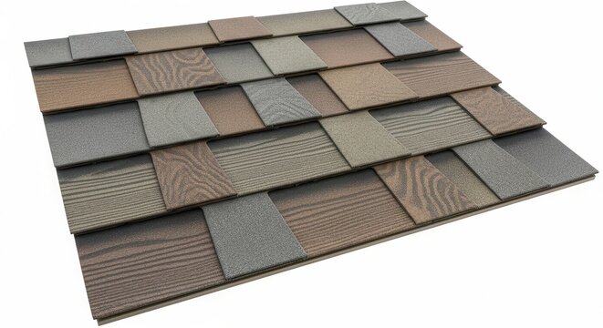 Close-up of composite roofing shingles with varied textures and colors.