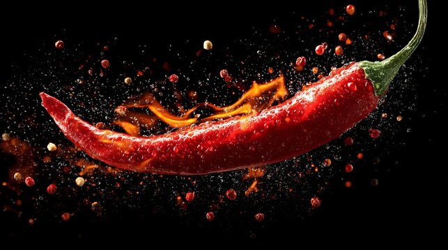 A vibrant red chili pepper explodes in mid-air, releasing fiery sparks and seeds against a dark background.