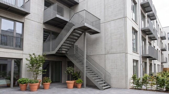Exterior metal staircase, Urban residential courtyard, Matte grey steel, Modern safety architecture, Concrete wall design, Clean apartment exterior