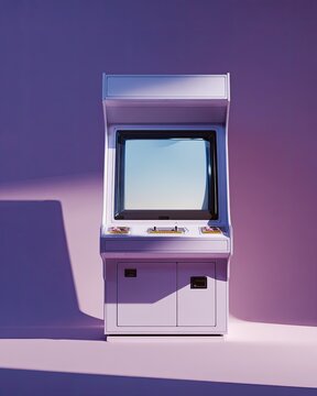 Retro arcade cabinet with blank screen in soft, shadowed purple room