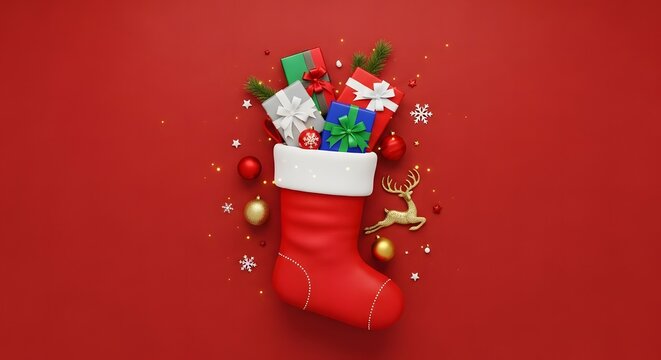 Christmas stocking filled with gifts and decorations on red background