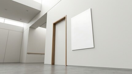 Fototapeta premium Blank white rectangular signage frame mounted on modern interior wall beside wooden door frame for architectural branding