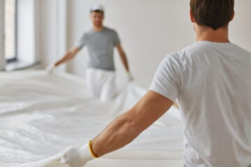Fototapeta premium Painters preparing room for renovation with plastic covering for protection and maintenance