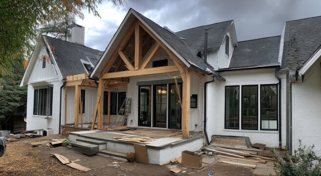 Construction of a modern home addition with exposed wooden beams and large windows