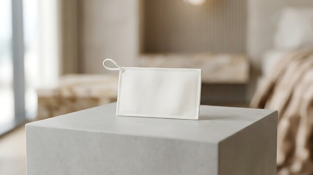 Blank white rectangular slipper tag with string loop mockup on stone pedestal for hotel branding and hospitality supply design