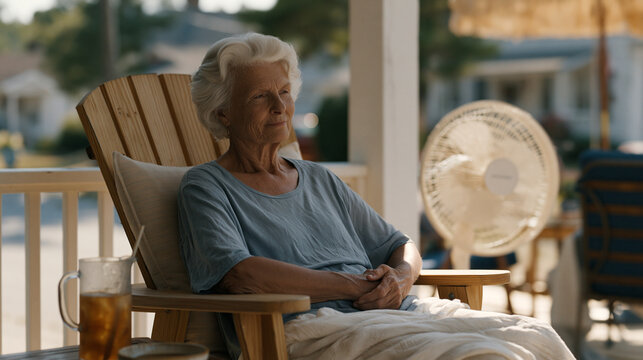 Elderly woman in a lawn chair on her front porch during a summer heat wave, battery-powered fan tilted toward her face, pitcher of sweet tea sweating on the side table, neighbors visible across a qu