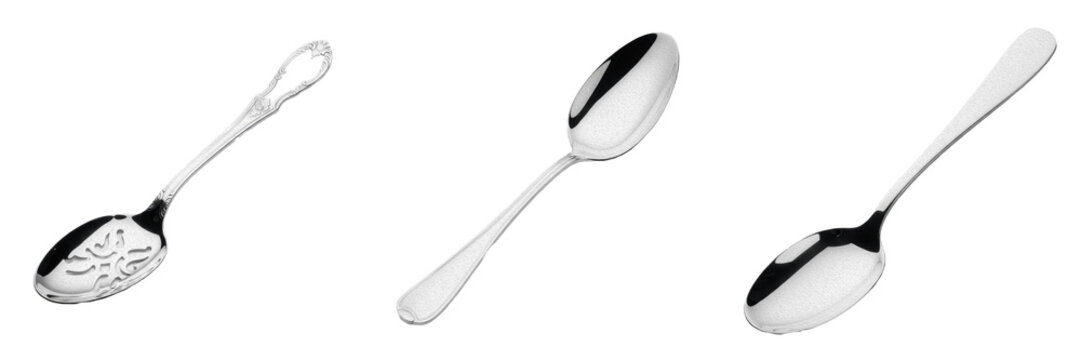 stainless steel spoons set isolated on white background, kitchen utensil collection, cutlery, metal silverware, shiny tableware for dining, cooking equipment, household tools, food serving, teaspoon, 