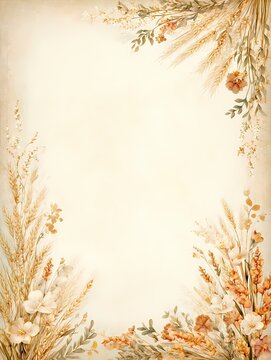 Warm cottagecore writing page with dried wheat stalks, harvest botanicals, and golden seed heads framing aged parchment in autumnal golden and cream tones.