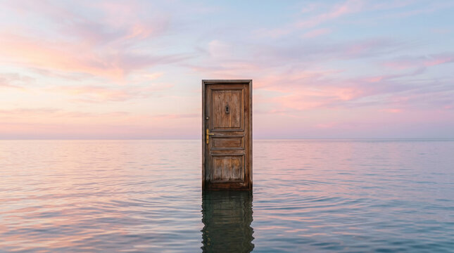 A solitary, weathered structure standing in the middle of a calm ocean during a sunset.	ocean, sunset, solitary, peace, calm, hor