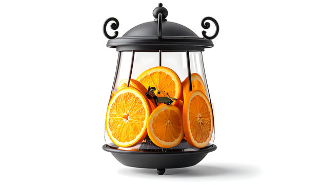 Isolated glass lantern filled with fresh orange slices, warm light effect, decorative object