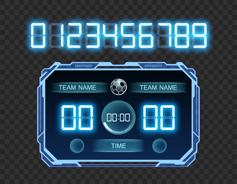 Scoreboard mockup for football soccer game. Template with a set of numbers. Isolated on transparent background. Vector illustration.