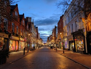 Fototapeta premium Festive city street lined with shops and illuminated by warm lights at dusk