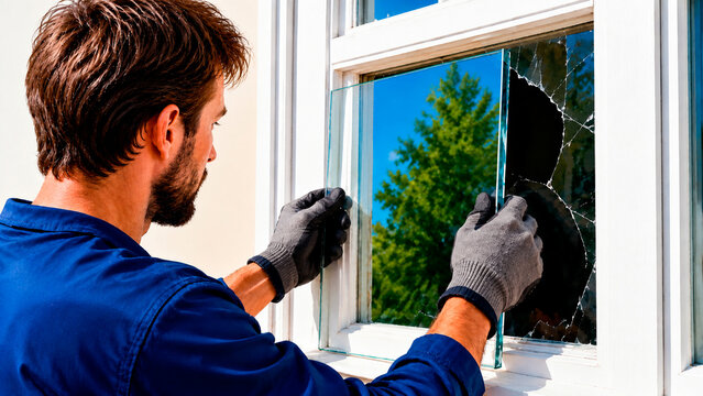 Male glazier replacing broken window glass. Handyman in protective gloves installing new pane in white wooden frame. Home maintenance and repair service concept