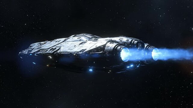 Futuristic spaceship cruising through outer space with glowing blue engine thrusters for science fiction gaming and cinema backgrounds