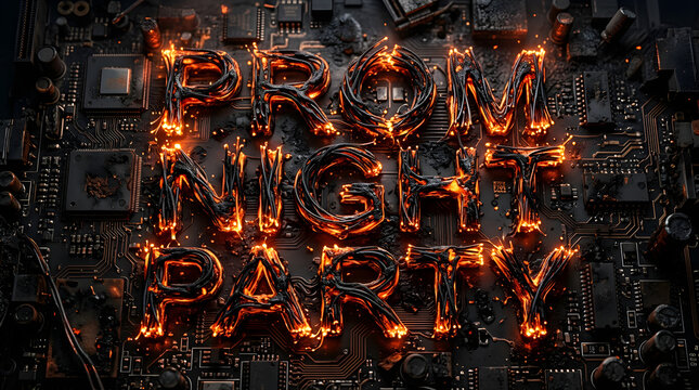 Glowing neon sign with burning effect reading Storm Night Party