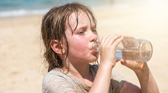  Konzept f&uuml;r extreme Hitze und Dehydration: Ein ersch&ouml;pftes, stark schwitzendes M&auml;dchen ohne Kopfbedeckung trinkt an einem hei&szlig;en Strand Wasser, um einem Sonnenstich vorzubeugen