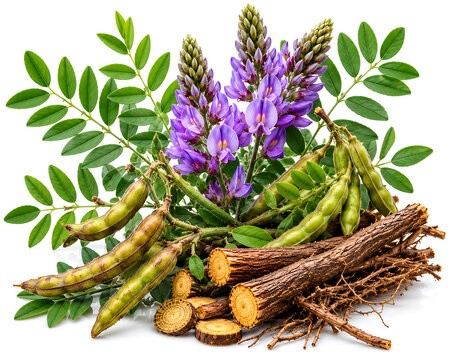 Licorice (Glycyrrhiza glabra) roots, flowers and seed pods isolated on white background.