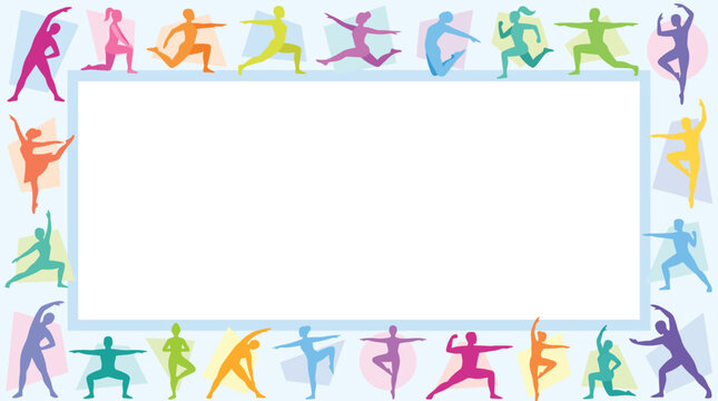 Colorful fitness border with active people silhouettes, yoga and workout frame for sports certificate, athletic exercise background vector