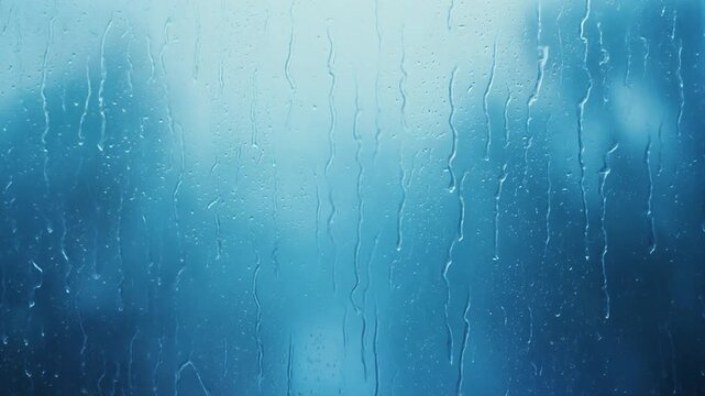 雨の日の窓ガラスに流れる水滴と青色背景テクスチャ