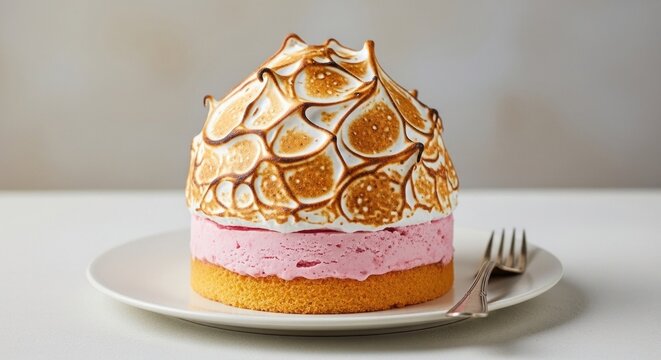 A pink and yellow cake with a golden brown meringue topping on a white plate with a fork