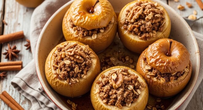 A bowl of baked apples with a crumbly topping, placed on a rustic wooden table with a white bowl and a few scattered cinnamon sticks.
