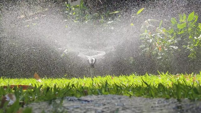 Lawn irrigation system in action sprinkles fresh water droplets over vibrant green grass. Steady water spray from lawn irrigation system provides thorough hydration for backyard yard maintenance.