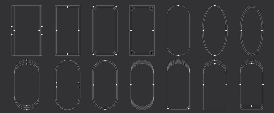 Collection of 14 minimalist celestial frames and borders featuring geometric shapes, arches, ellipses, and delicate star sparkles on a dark background, perfect for mystical or modern designs.