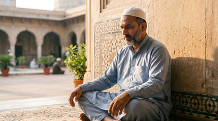 Fototapeta premium Elderly man sitting in traditional Pakistani clothing in serene courtyard with warm natural lighting for cultural or religious themes