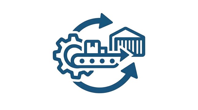Blue industrial supply chain icon featuring gear conveyor and warehouse for logistics operations and distribution management