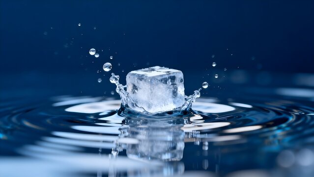 Ice cube in water creating splash