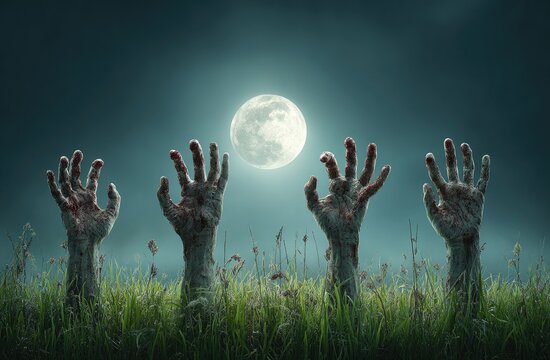 Four undead hands emerge from grassy field under bright full moon