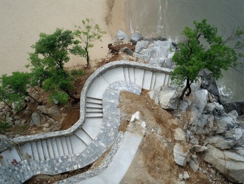 A winding stone stairway descends a rocky cliff to a sandy beach and ocean